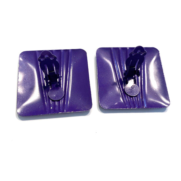 Vintage 1970’s Clip On Earrings Purple Enamel Squares Large Embossed Statement - Picture 5 of 7